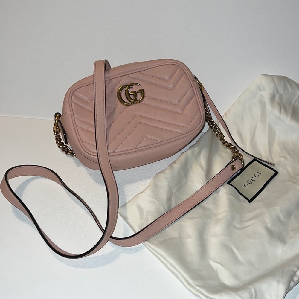 Authentic GUCCI GG Marmont mini shoulder bag dusty pink matelasse leather